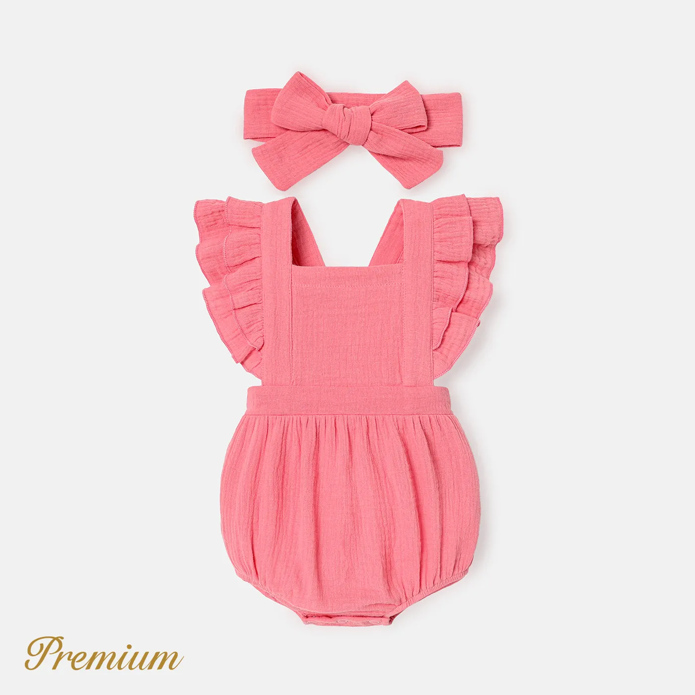 2pcs Baby Girl 100% Cotton Crepe Solid Layered Ruffle Trim Romper & Headband Set Pink