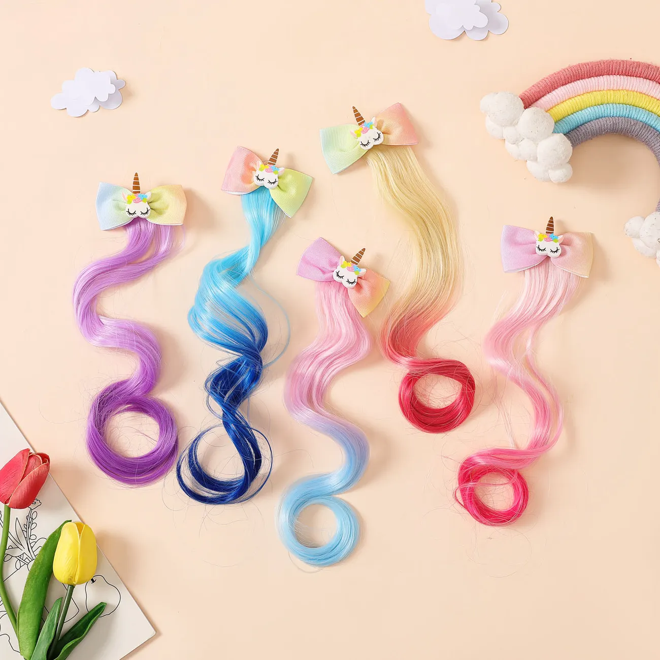 Einhorn Clip Haarteil Haarverlängerung Perücke Stücke für Mädchen rosa big image 1