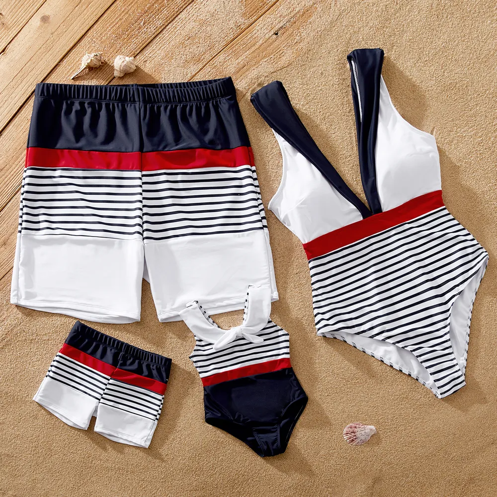 Family Matching Striped Print One-piece Swimsuit or Swim Trunks Shorts big image 2