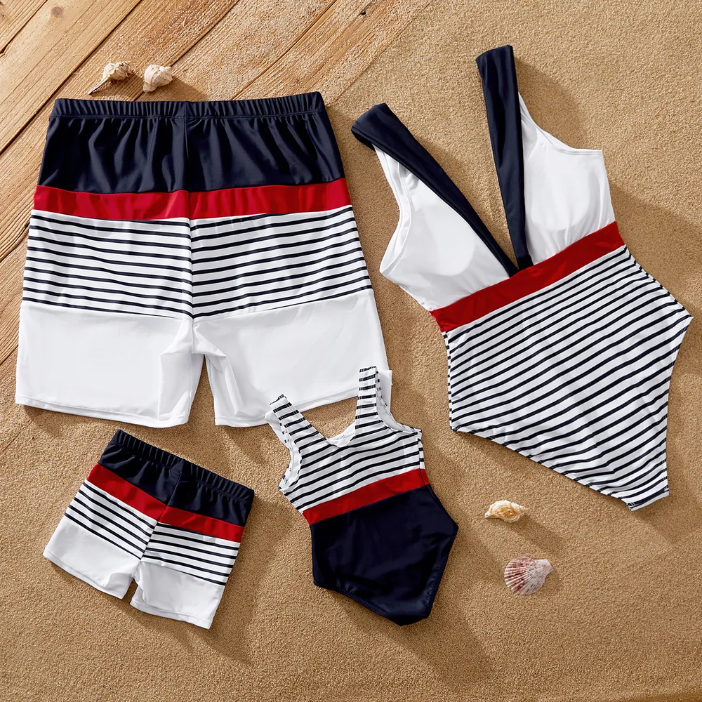 Family Matching Striped Print One-piece Swimsuit or Swim Trunks Shorts big image 3