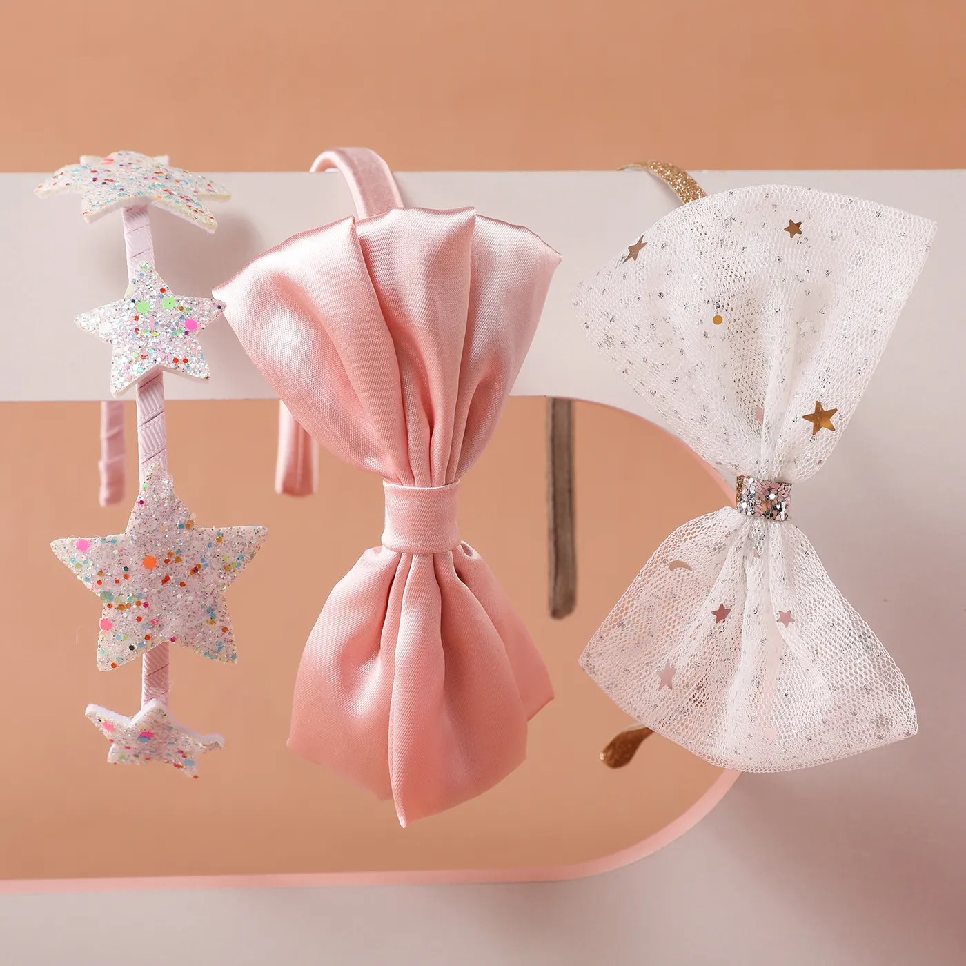 Pacote com 3 estrelas de lantejoulas/arco de decoração de arco de cabelo para menina Rosa image 2