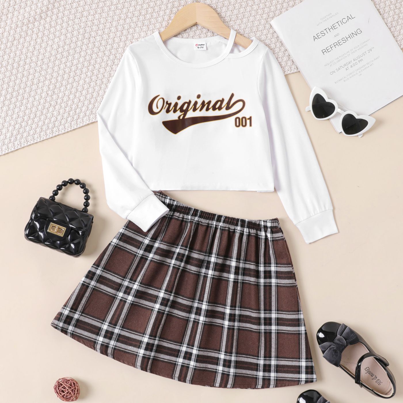 2pcs Kid Girl Letter Graphic Long-sleeve Top and Plaid Skirt Set