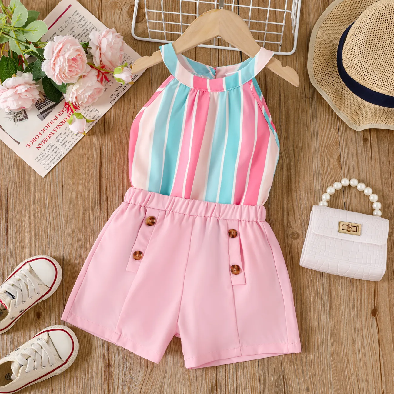 2pcs Toddler Girl Stripe Halterneck Top and Button Decor Shorts Set Pink big image 1