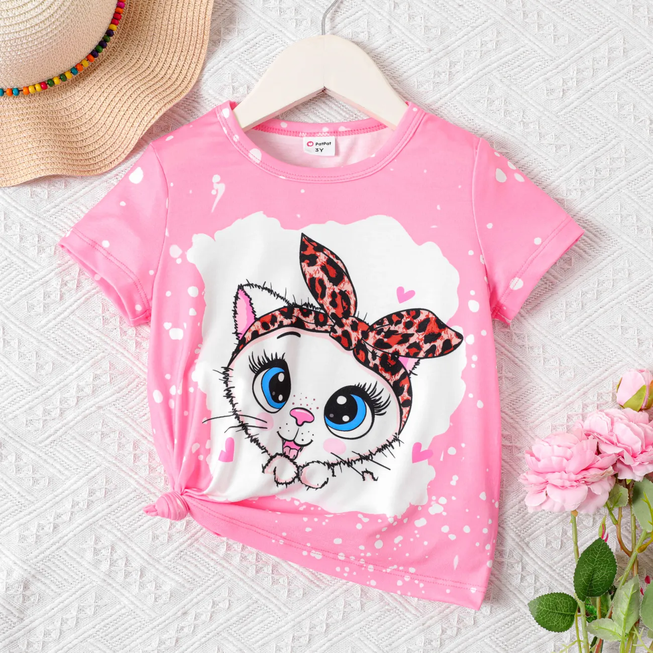 Toddler Girl Cute Cat Print Short-sleeve Tee Pink big image 1