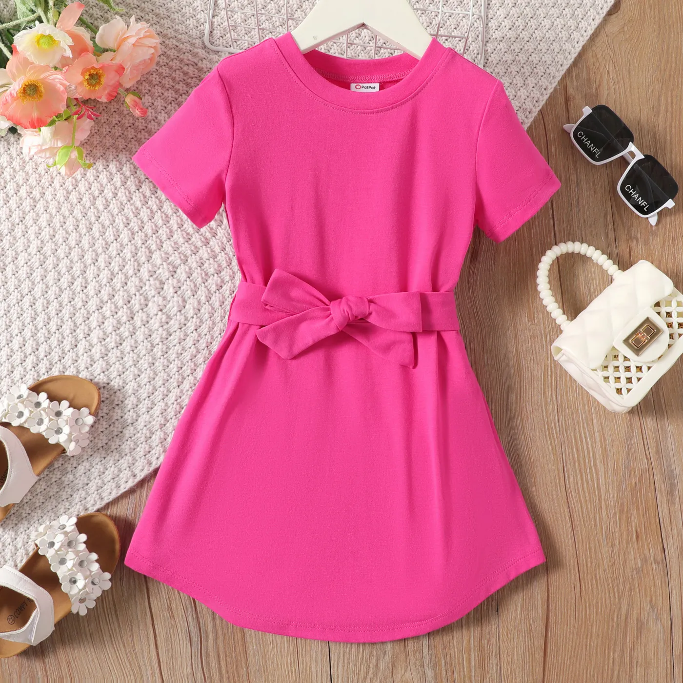Toddler Girl Solid Curved Hem Short-sleeve Belted Dress Hot Pink