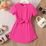 Toddler Girl Solid Curved Hem Short-sleeve Belted Dress Hot Pink