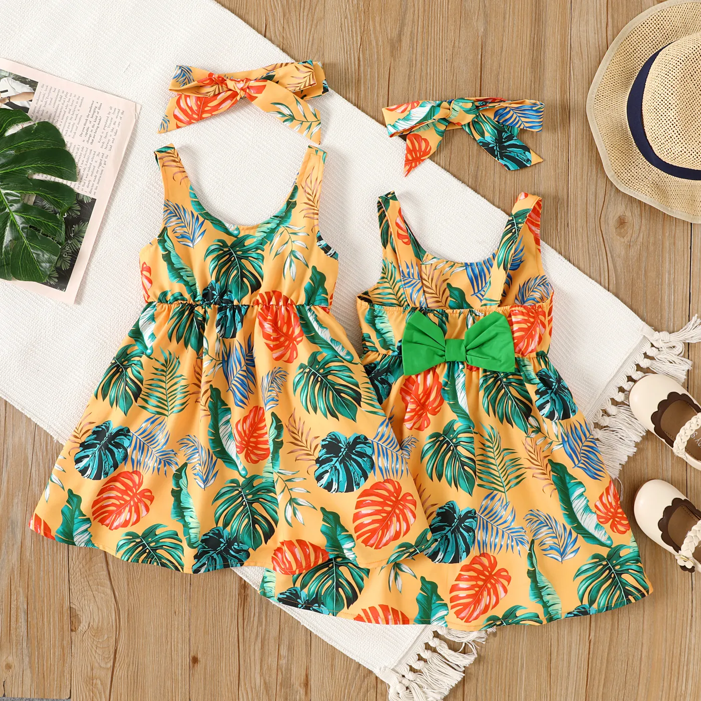 2pcs Toddler Girl Allover Plant Print Bow Decor Tank Dress with Headband  Multicolour-1 big image 1