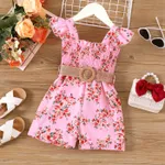 2pcs Toddler Girl Sweet Floral Print Smocked Sleeveless Rompers and Belt Light Pink