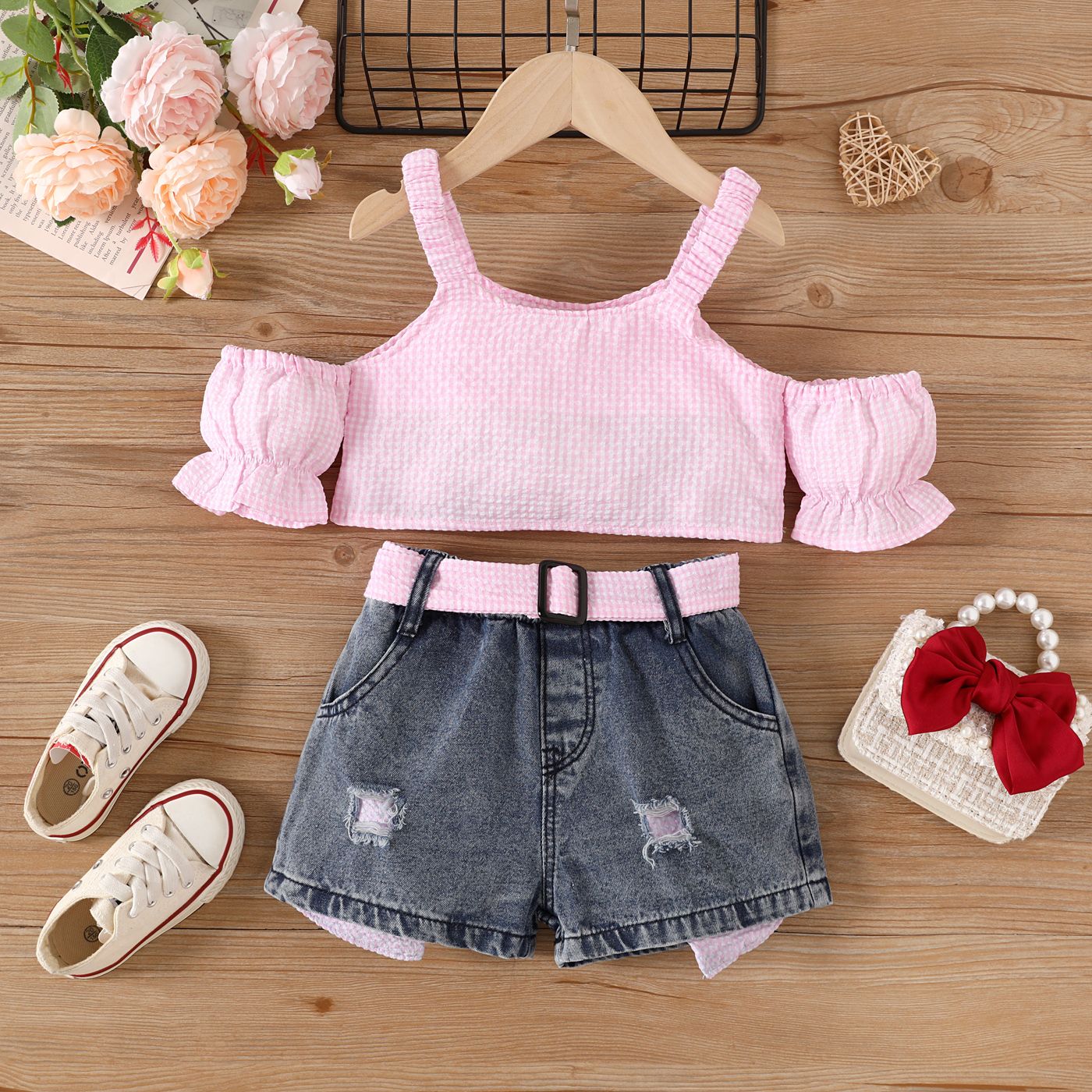 2pcs Toddler Girl Trendy Ripped Denim Shorts And Cold Shoulder Plaid Camisole Set