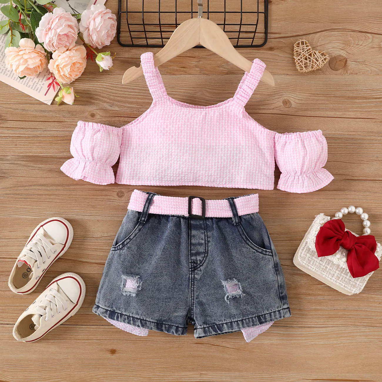 2pcs Toddler Girl Trendy Ripped Denim Shorts and Cold Shoulder Plaid Camisole Set Light Pink big image 1