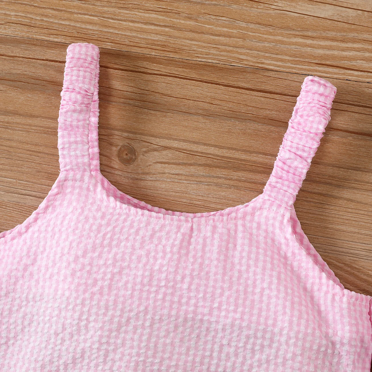 2pcs Toddler Girl Trendy Ripped Denim Shorts and Cold Shoulder Plaid Camisole Set Light Pink big image 1