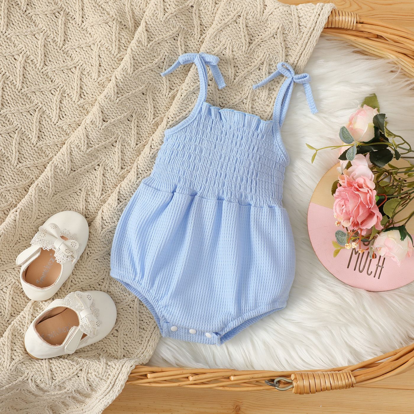 100% Coton Bébé Fille Gaufre Solide Bodysuit Smocked