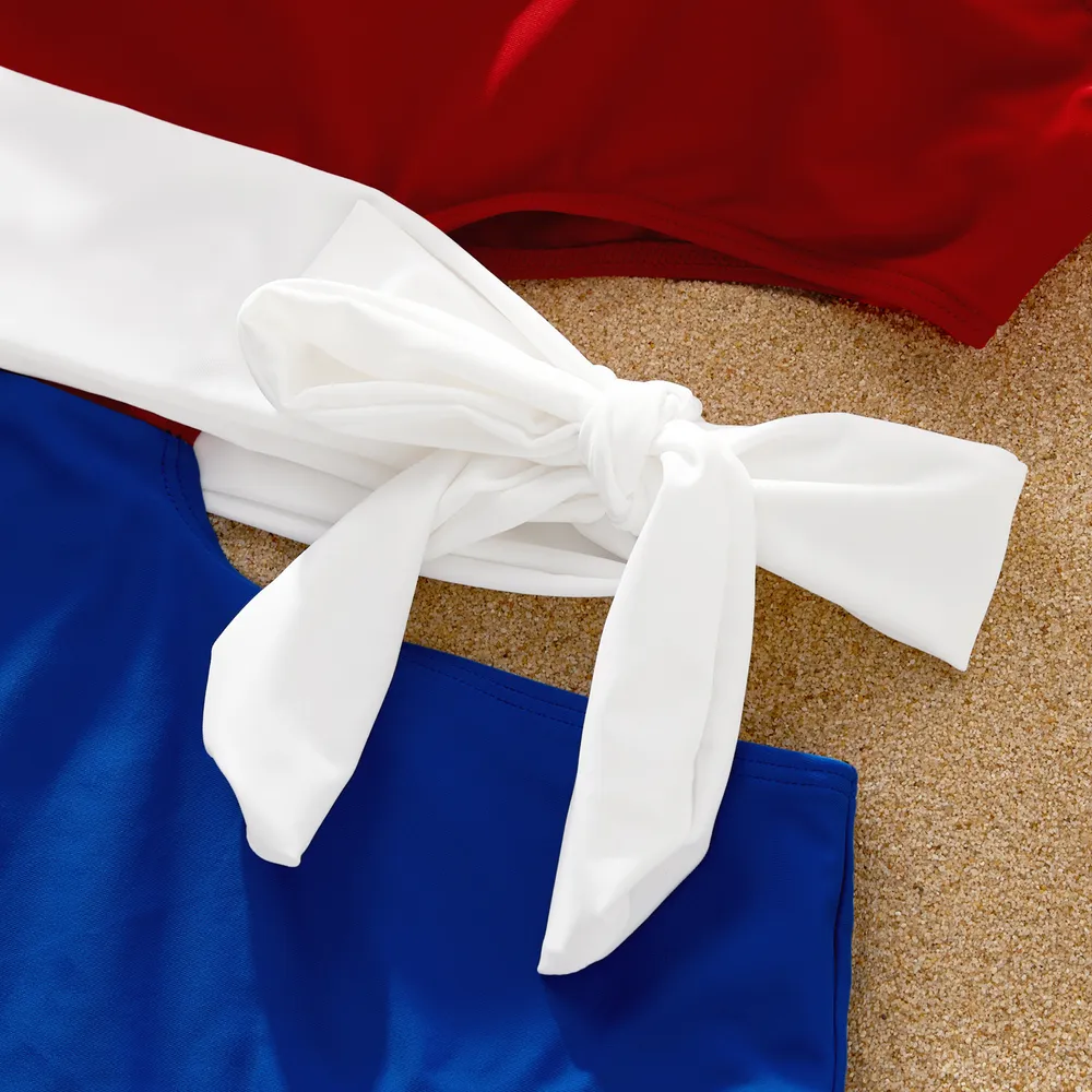 Family Matching Colorblock One Shoulder Cut Out Tie Waist One-piece Swimsuit or Swim Trunks Shorts big image 7