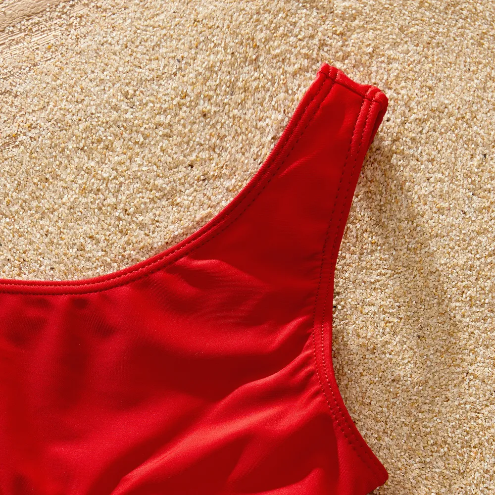 Family Matching Colorblock One Shoulder Cut Out Tie Waist One-piece Swimsuit or Swim Trunks Shorts big image 9