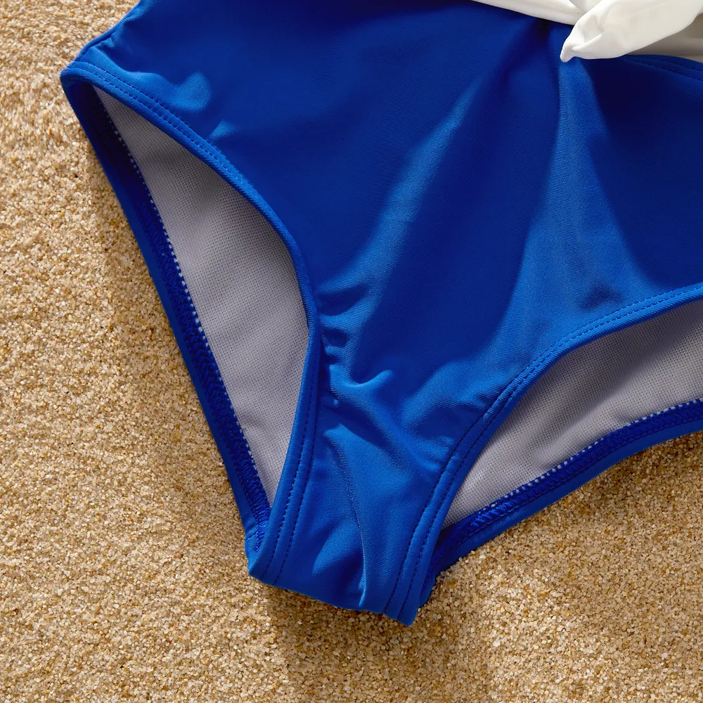 Family Matching Colorblock One Shoulder Cut Out Tie Waist One-piece Swimsuit or Swim Trunks Shorts big image 8