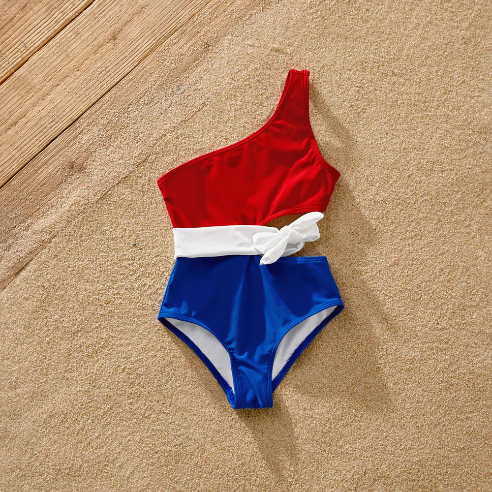 Family Matching Colorblock One Shoulder Cut Out Tie Waist One-piece Swimsuit or Swim Trunks Shorts big image 6