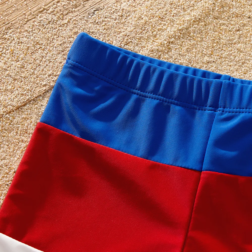 Family Matching Colorblock One Shoulder Cut Out Tie Waist One-piece Swimsuit or Swim Trunks Shorts big image 3