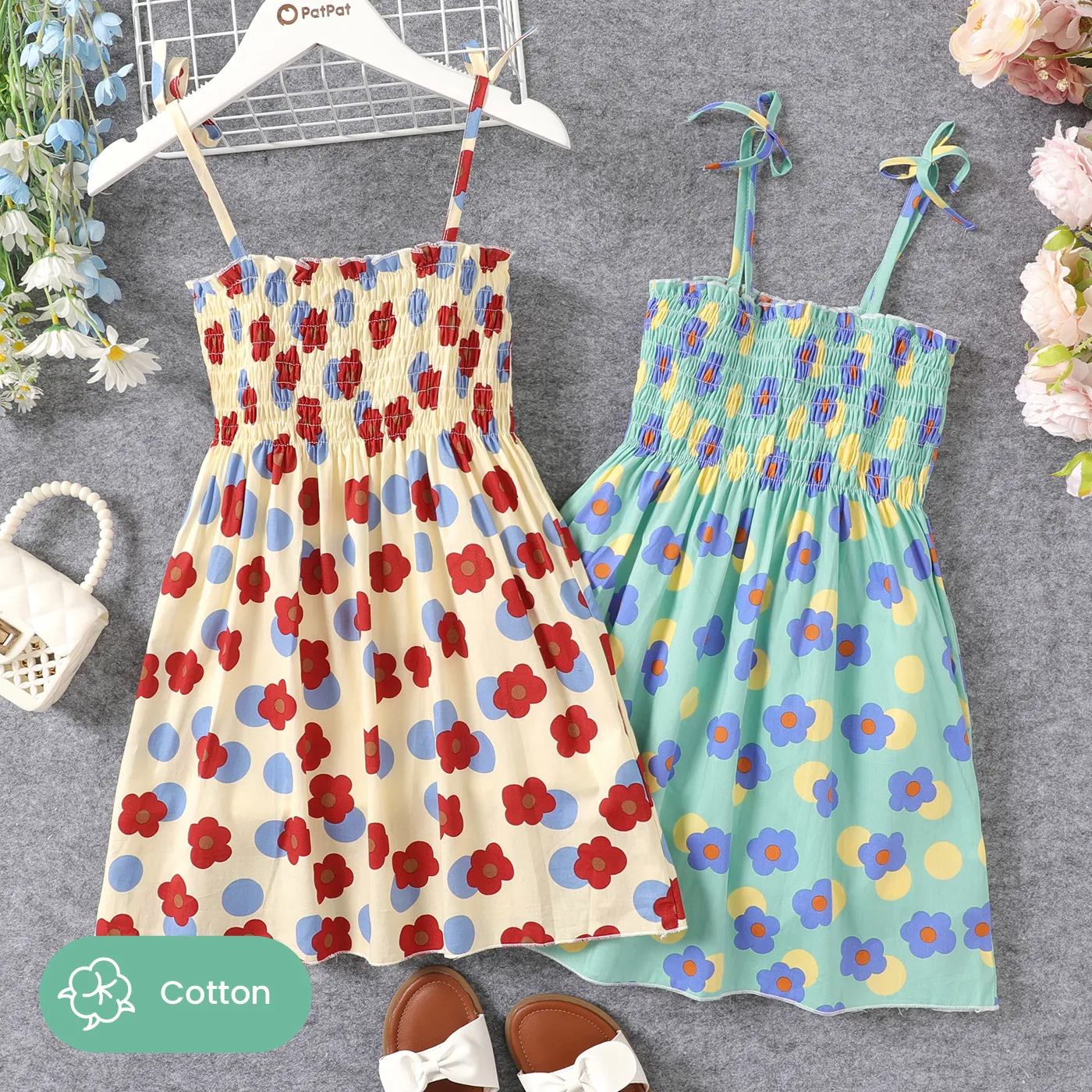 Kid Girl 100% Cotton Allover Floral Print Smocked Slip Dress Yellow image 2