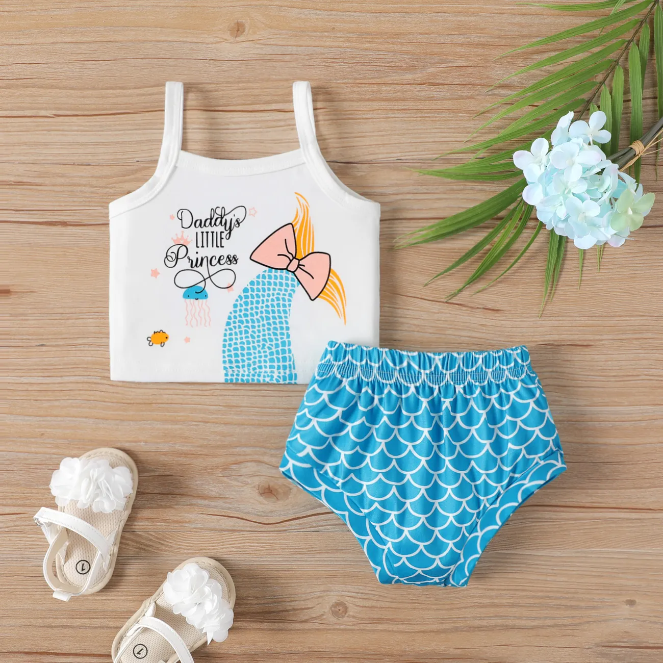 2pcs Baby Girl Letters Print Slip Top and Allover Print Shorts Set Blue big image 1