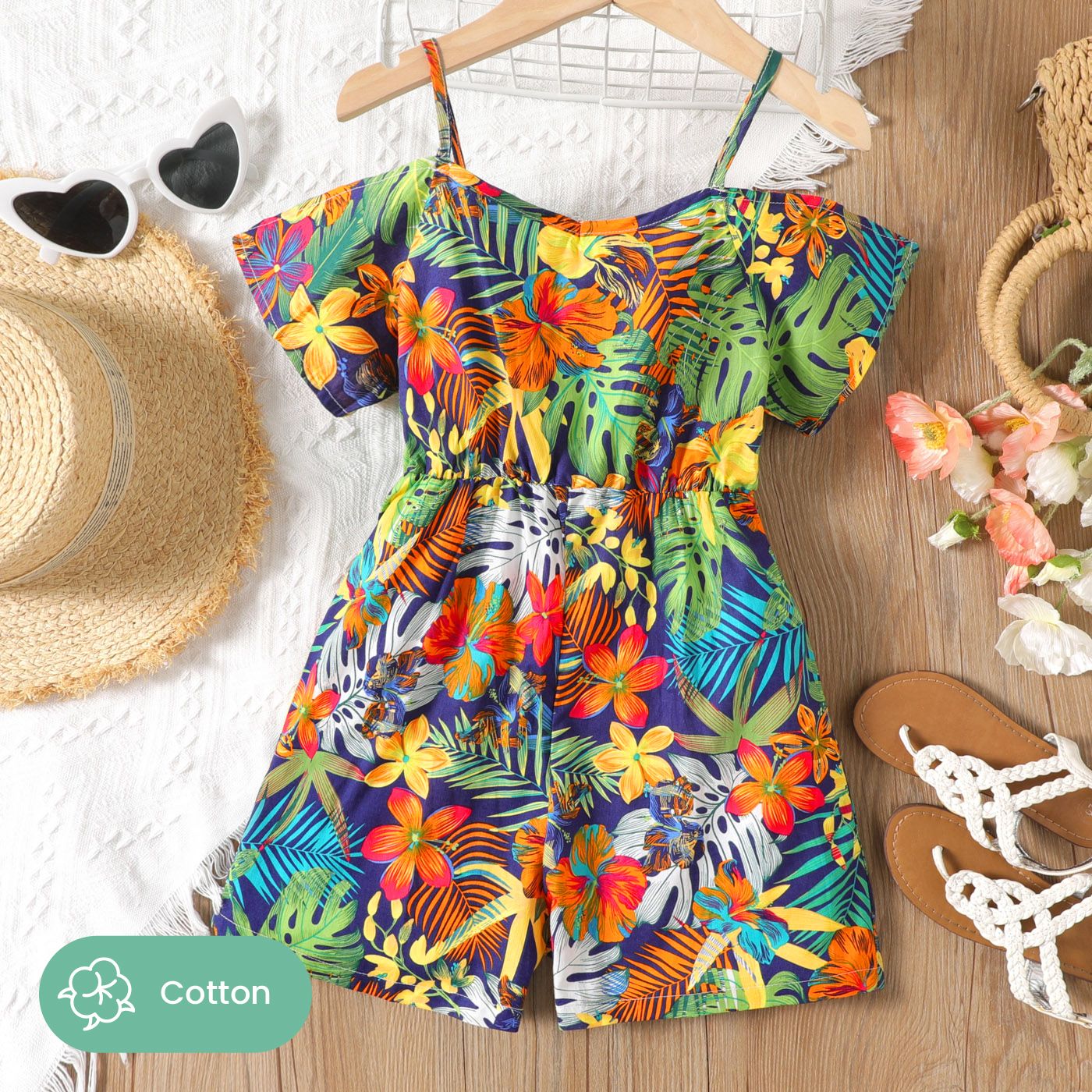 

Kid Girl 100% Cotton Tropical Plant Floral Print Slip Romper