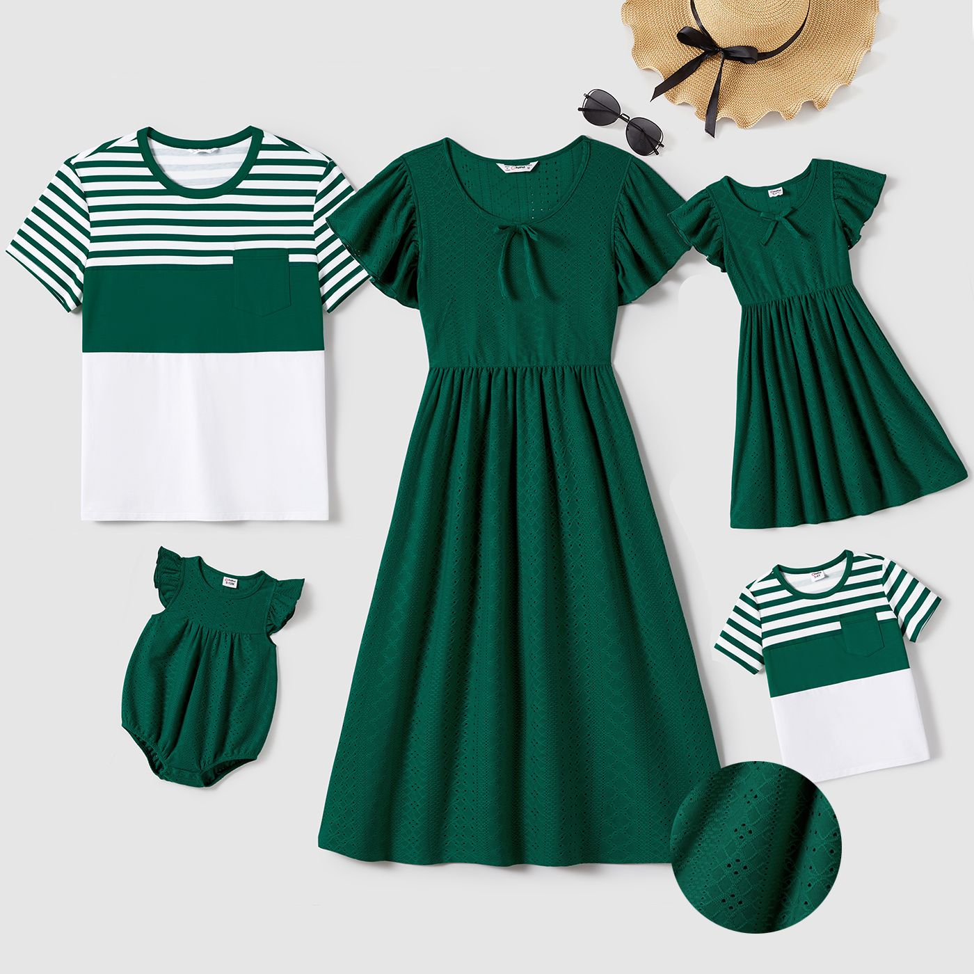 Family Matching Ruffle-sleeve Schiffy Dresses And Striped Panel Colorblock Short-sleeve T-shirts Sets