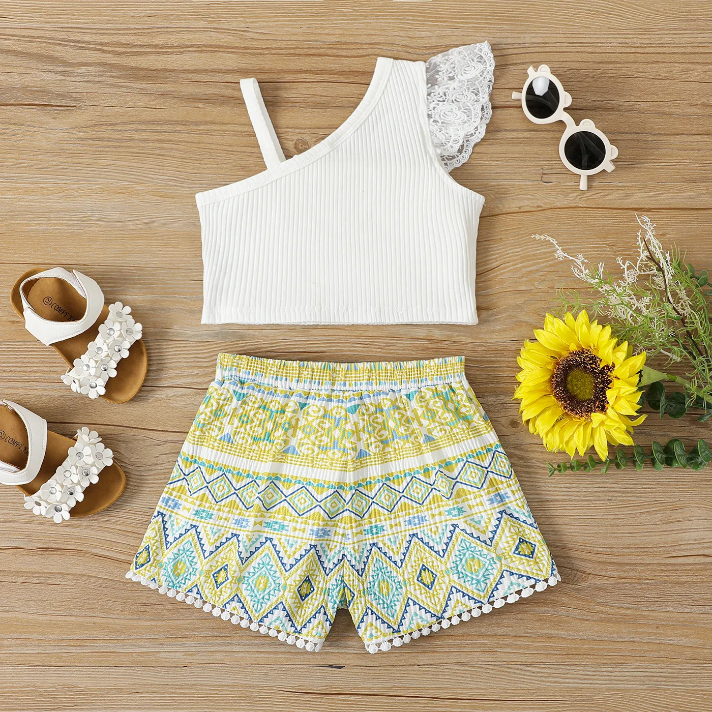 2pcs Toddler Girl Cotton Ribbed Lace Sloping Shoulders Single Slip Top and Allover Ethnic Style Print Shorts Set White image 2