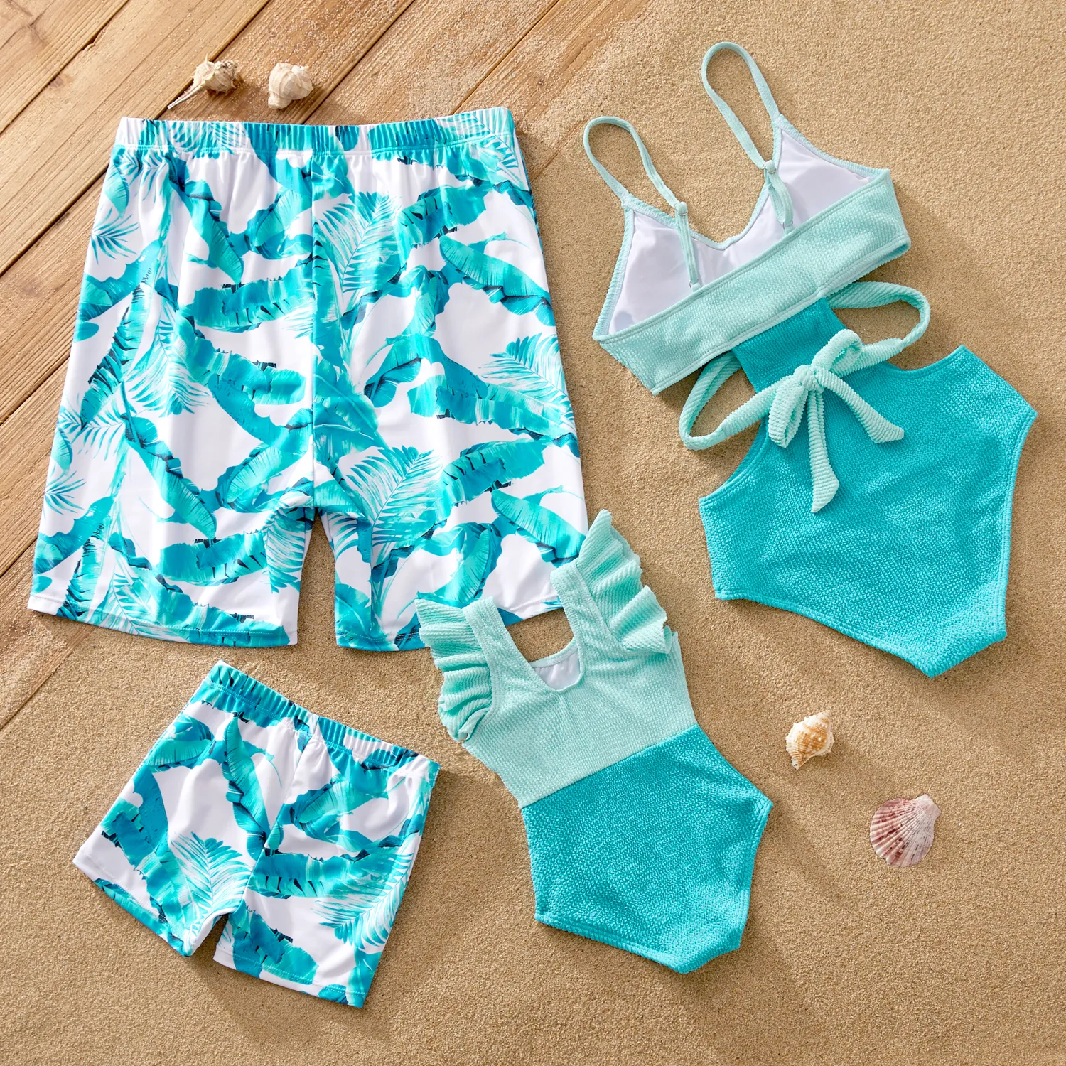 Family Matching Crisscross Front One-piece Swimsuit or Plant Print Swim Trunks Shorts Mintblue image 3