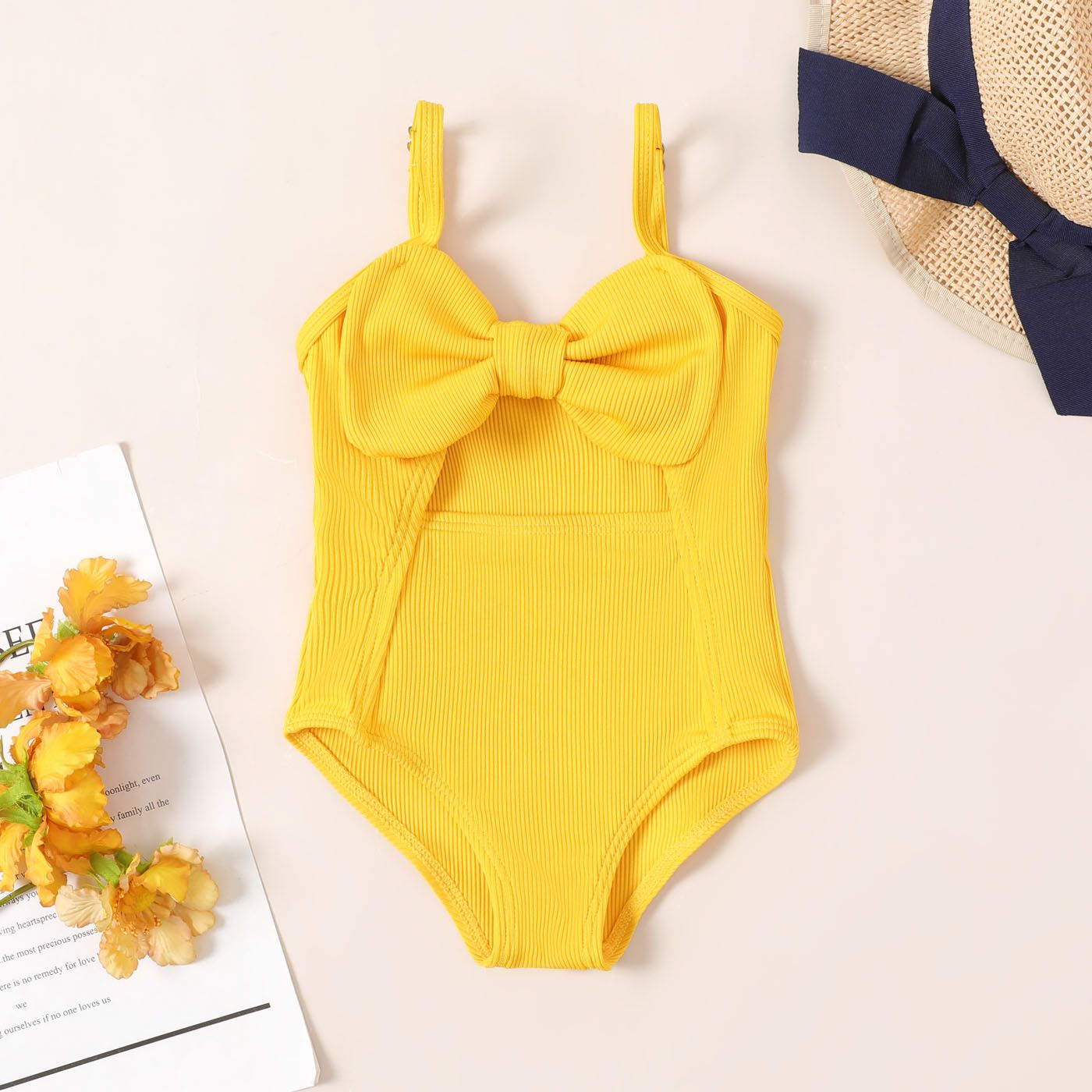 Baby Girl Solid Bow Front Rib-knit One Piece Maillot De Bain