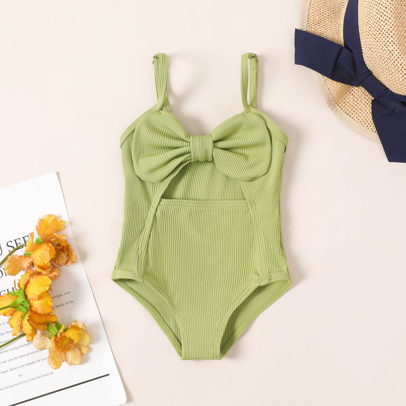 Baby Girl Solid Bow Front Rib-knit One Piece Swimsuit