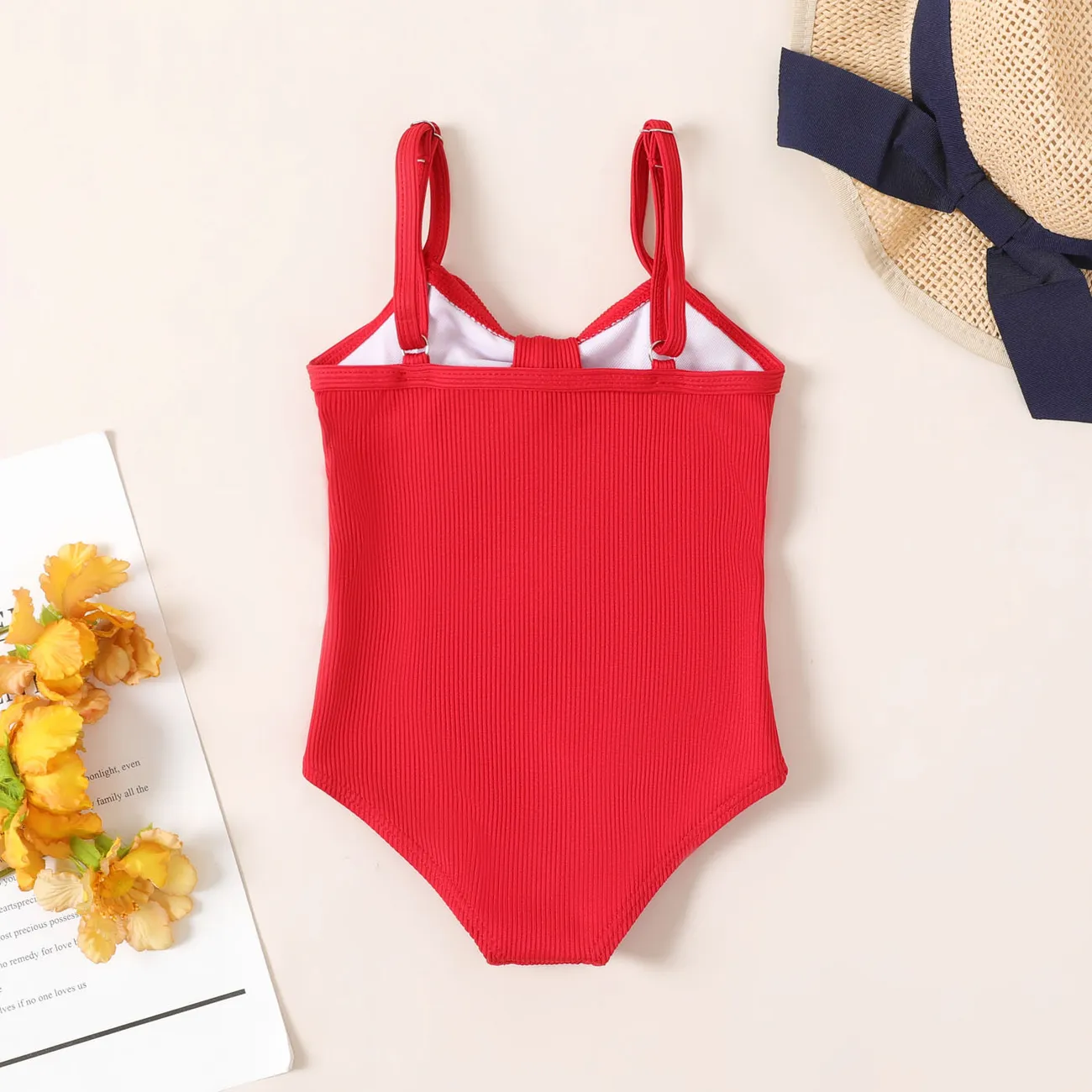 Baby Girl Solid Bow Front Rib-knit One Piece Swimsuit Red big image 1