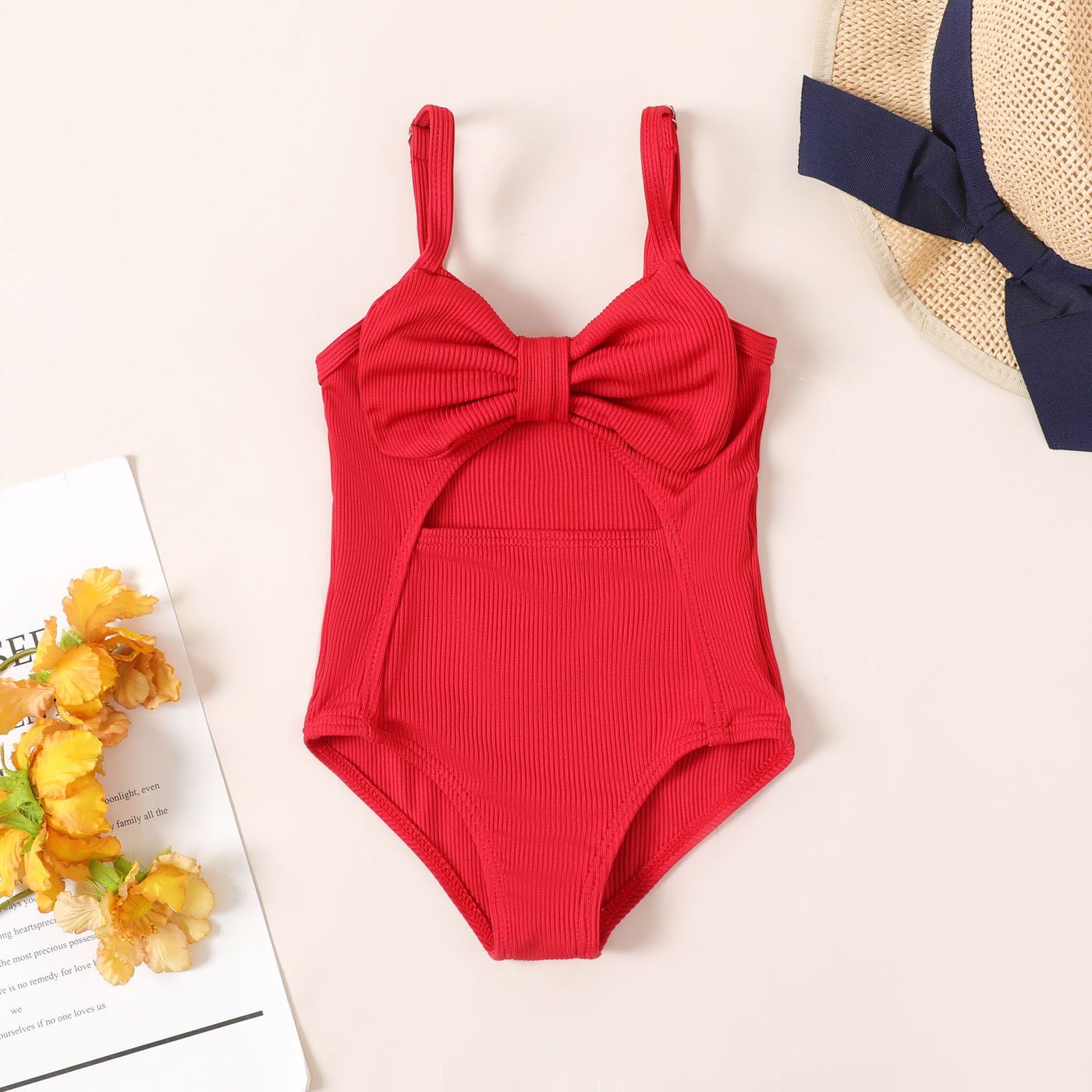 Baby Girl Solid Bow Front Rib-knit One Piece Maillot De Bain