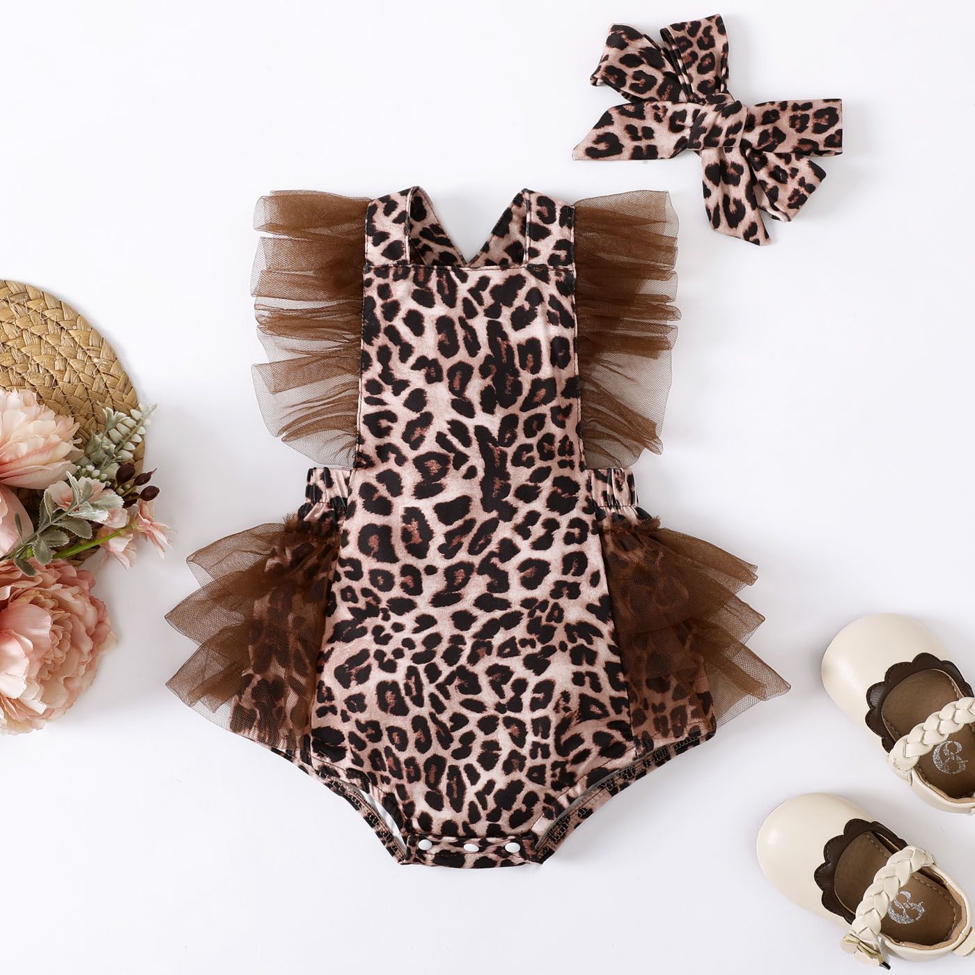 2pcs Baby Girl Mesh Trim Leopard Bodysuit And Headband Set