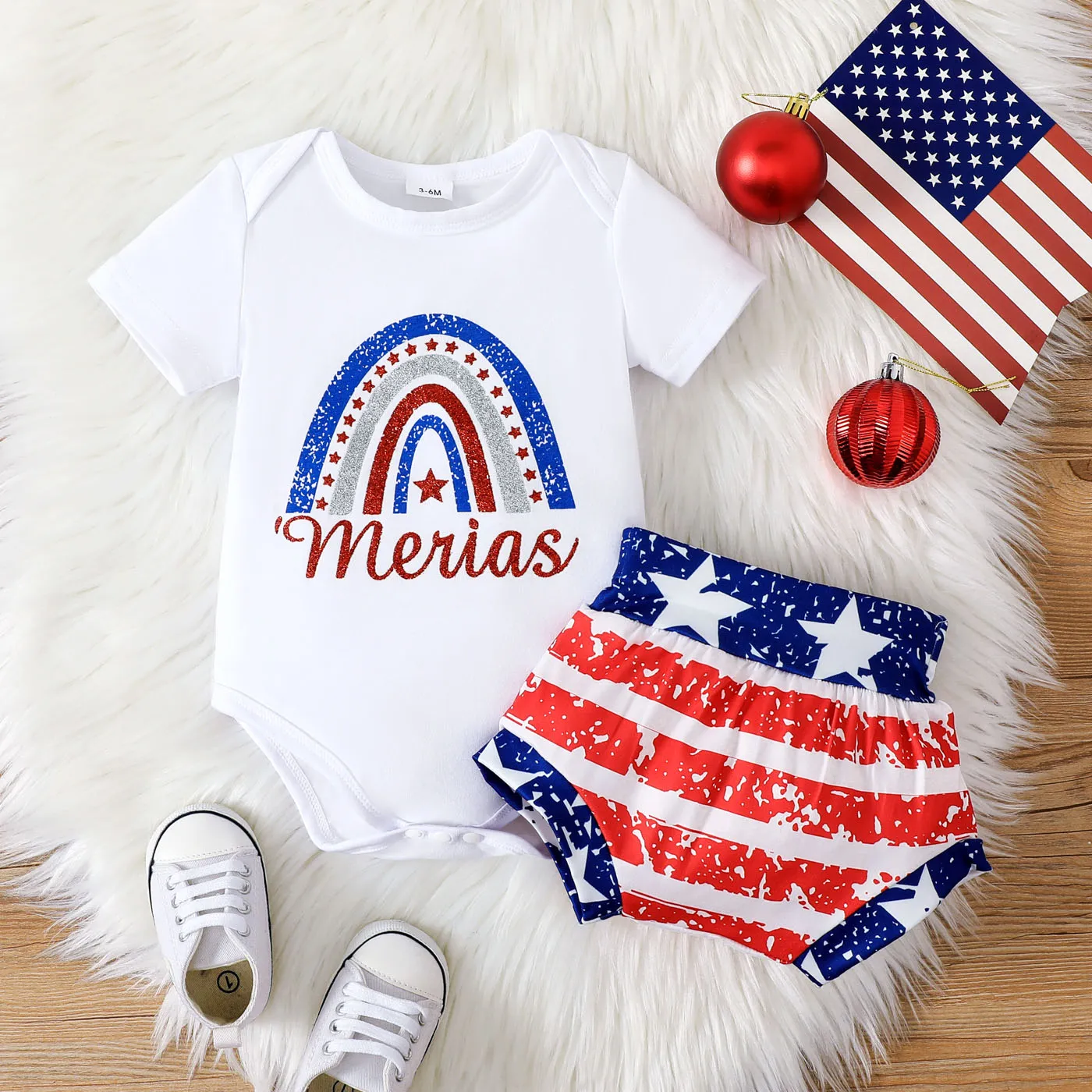 Independence Day 2pcs Baby Girl Letter Graphic Short-sleeve Bodysuit And Striped Shorts Set