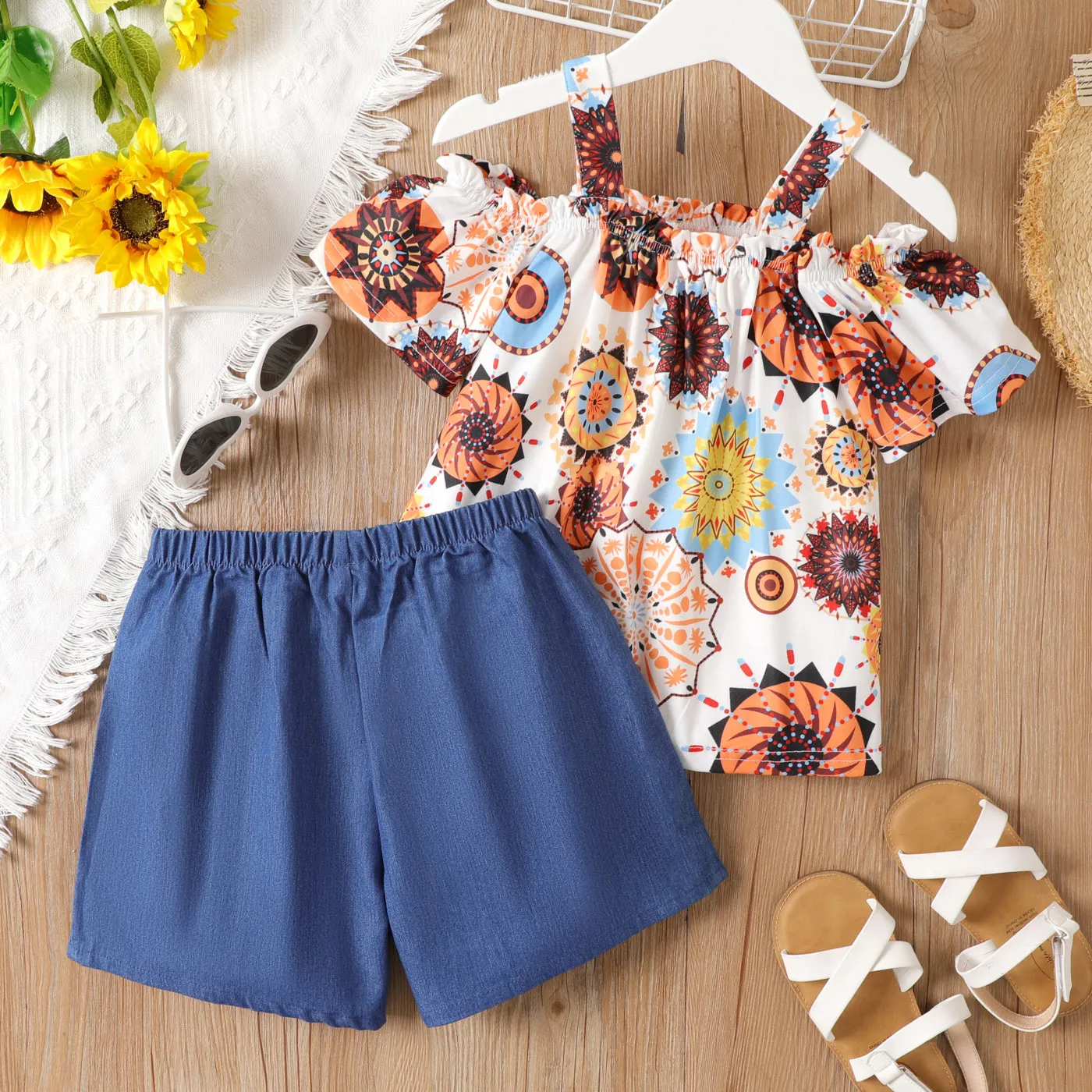 2pcs Kid Girl Allover Floral Print Strappy Short-sleeve Top and Solid Shorts Set ColorBlock image 5