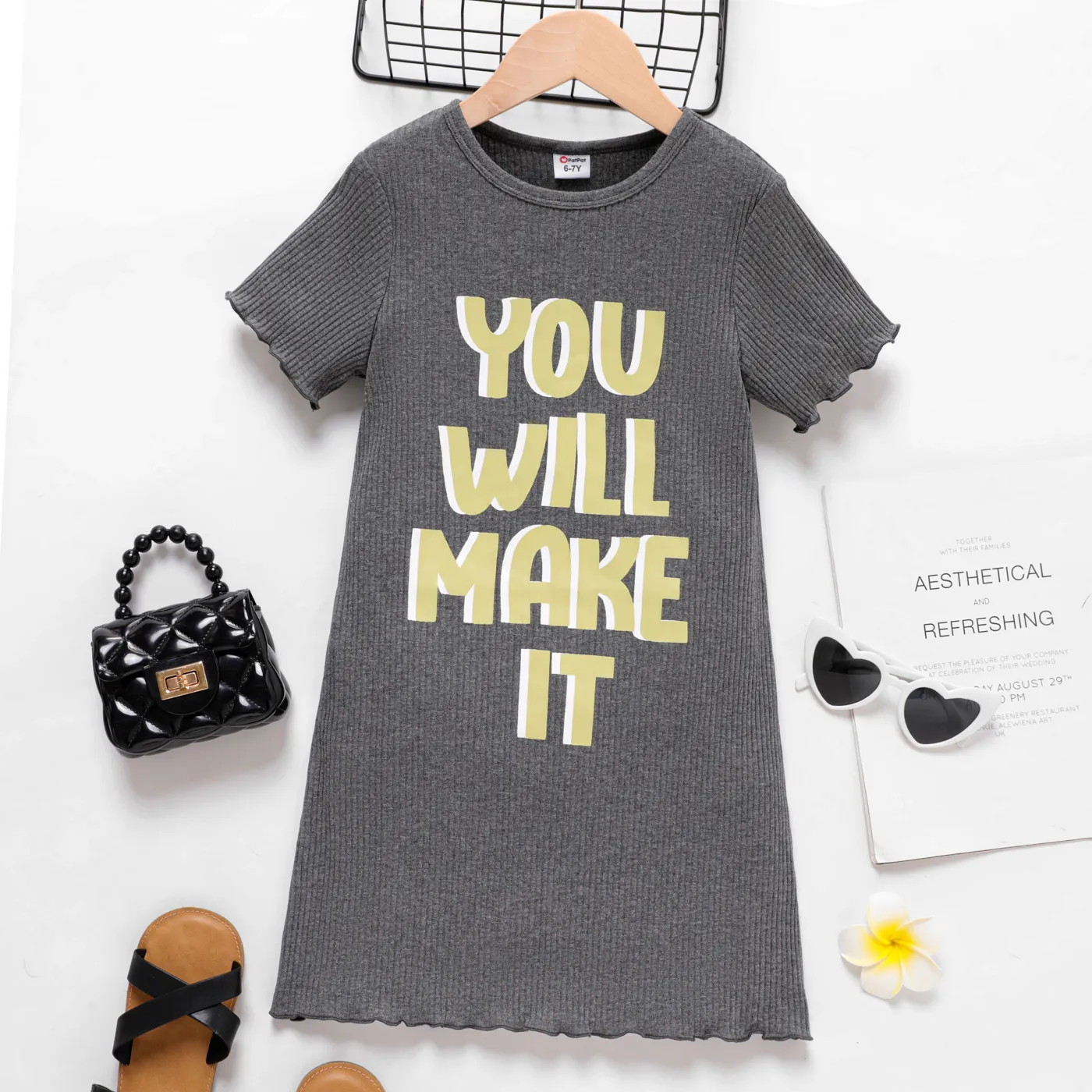 Kid Girl Letters Print Ribbed Ruffle Short-sleeve Tee  big image 1