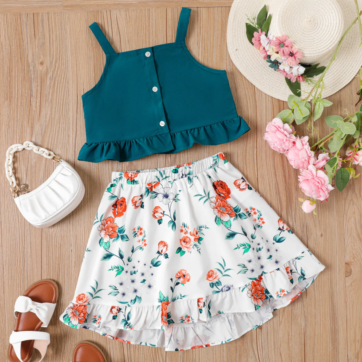 2pcs Kid Girl Front Buttons Ruffle Slip Top and Allover Flowers Print Skirt Set