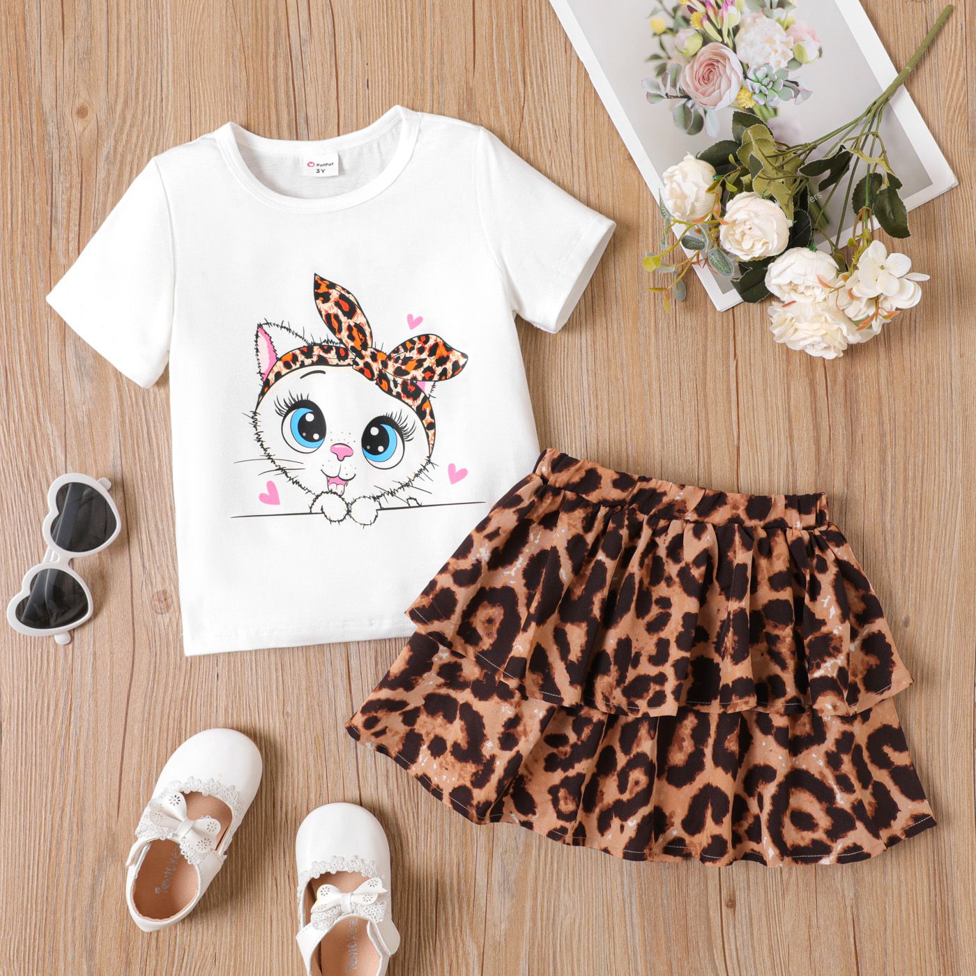 2pcs Toddler Girl Cat Print Top And Leopard Skirt Set