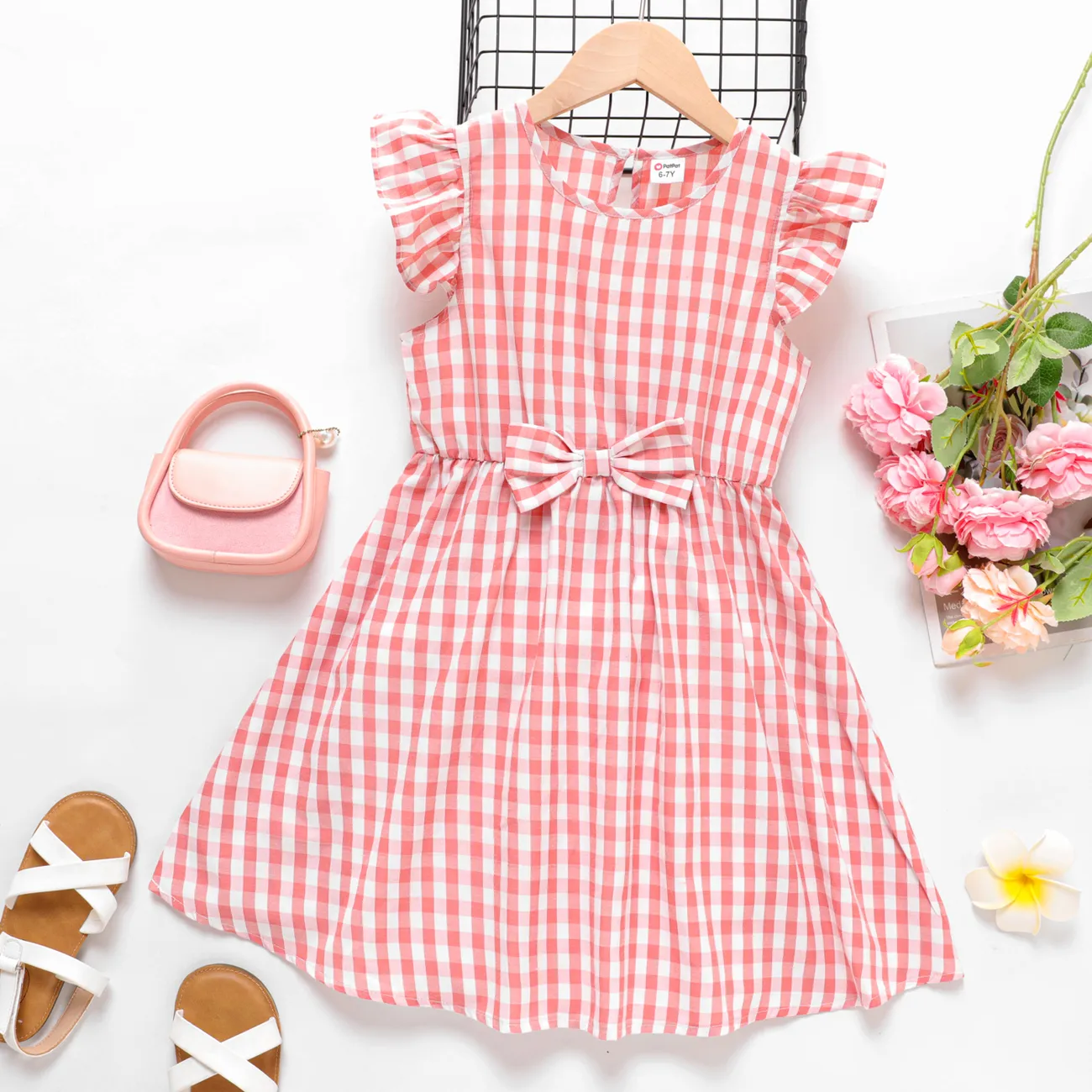 Kid Girl Bow Front Flutter-sleeve Plaid Dress Pink big image 1