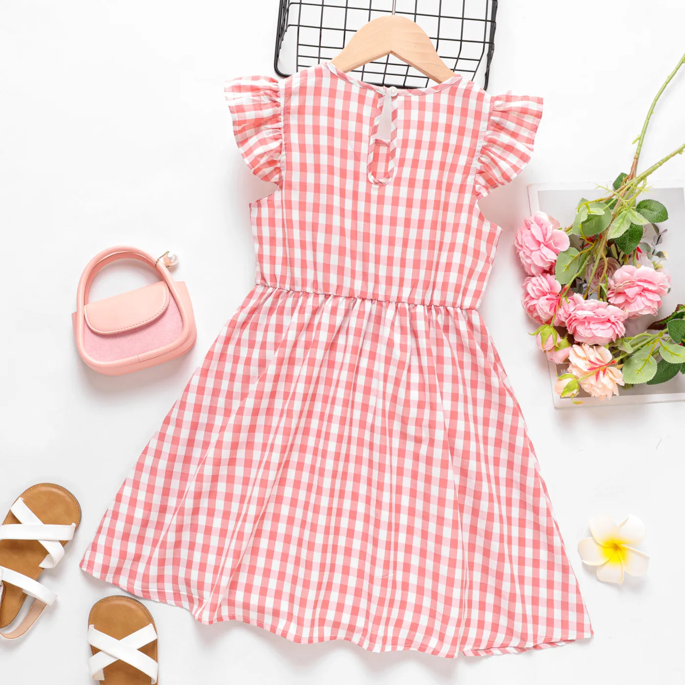 Kid Girl Bow Front Flutter-sleeve Plaid Dress Pink image 5