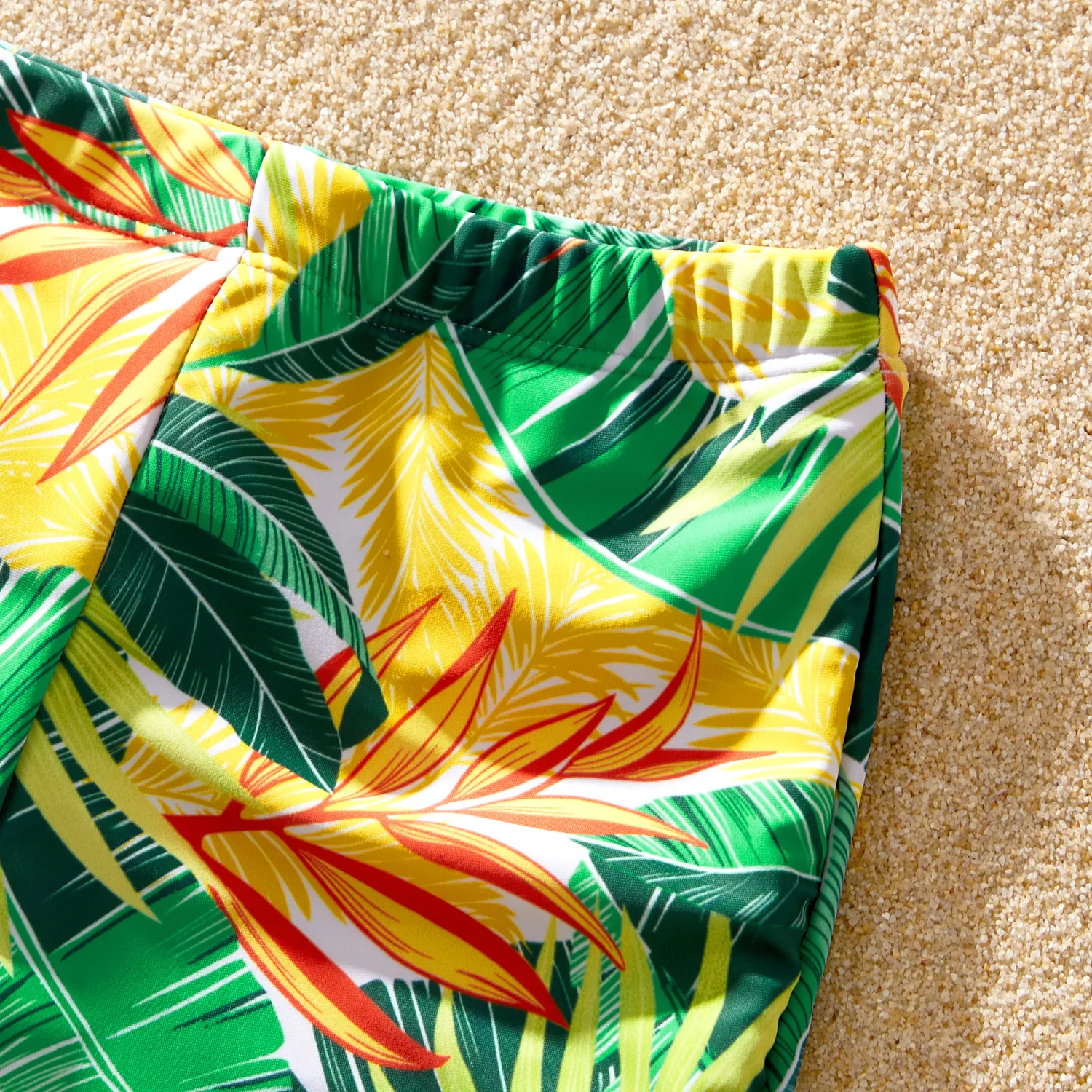 Family Matching Plant Stripe Print Knot Front Two-piece Swimsuit or Swim Trunks Shorts Yellow image 4