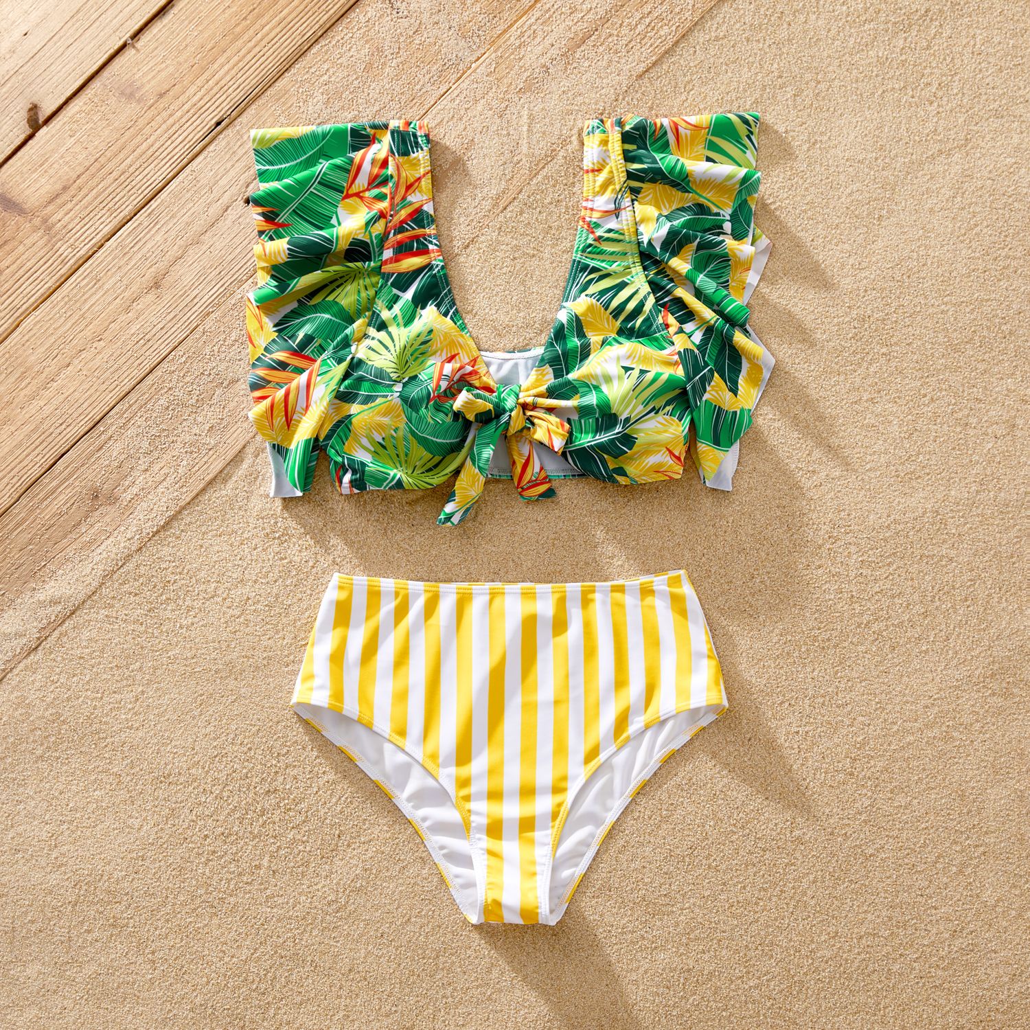 Family Matching Plant Stripe Print Knot Front Two-piece Swimsuit Or Swim Trunks Shorts
