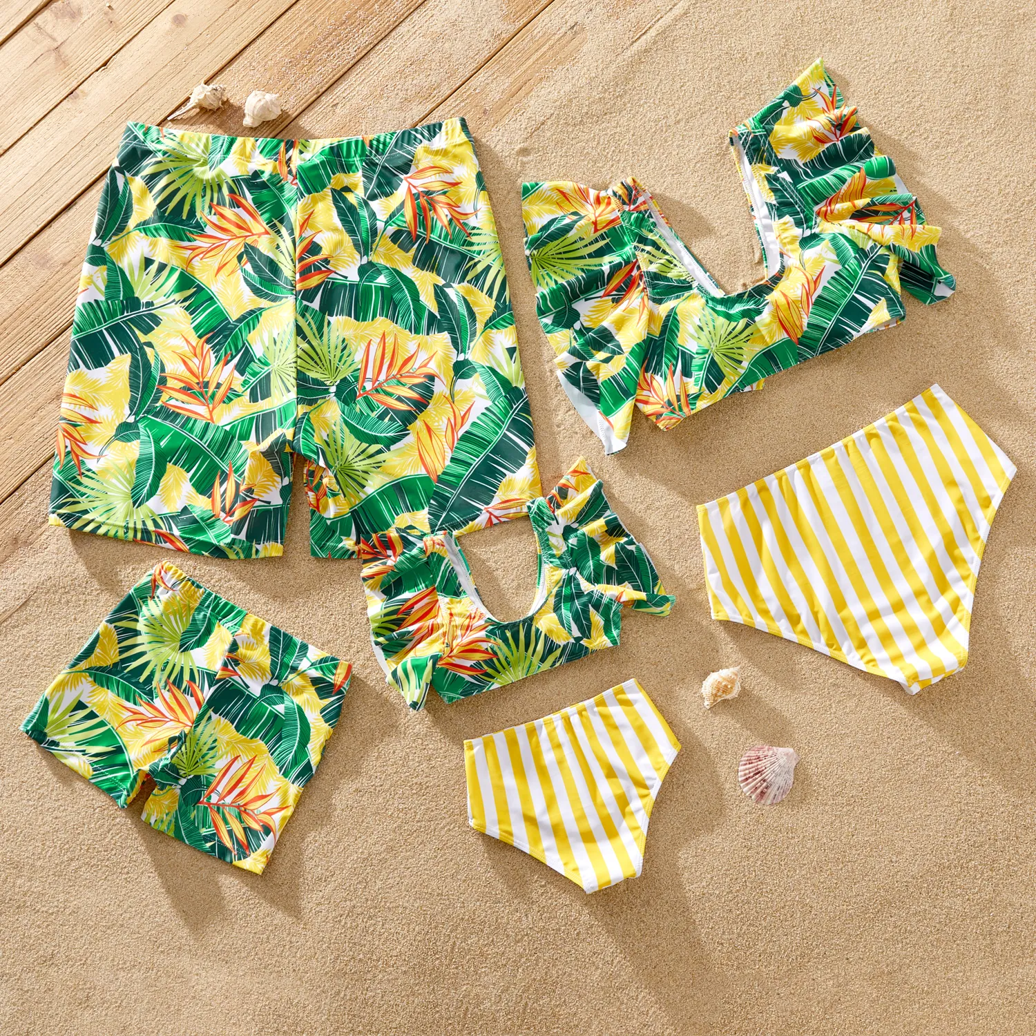 Family Matching Plant Stripe Print Knot Front Two-piece Swimsuit or Swim Trunks Shorts Yellow image 3
