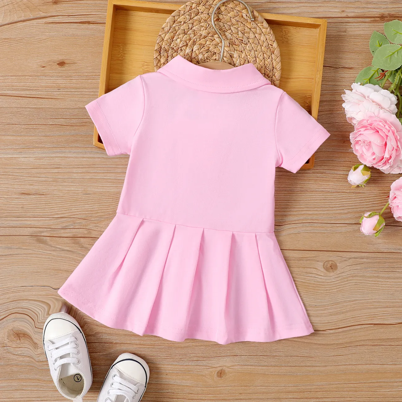 Baby Girl Bear Embroidered Polo Neck Pleated Dress Pink big image 1