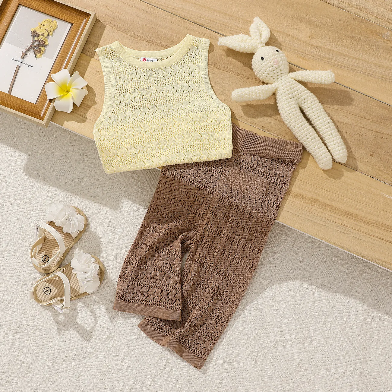 2pcs Baby Girl Texture Solid Sleeveless Top and Pants Set Almond Beige big image 1