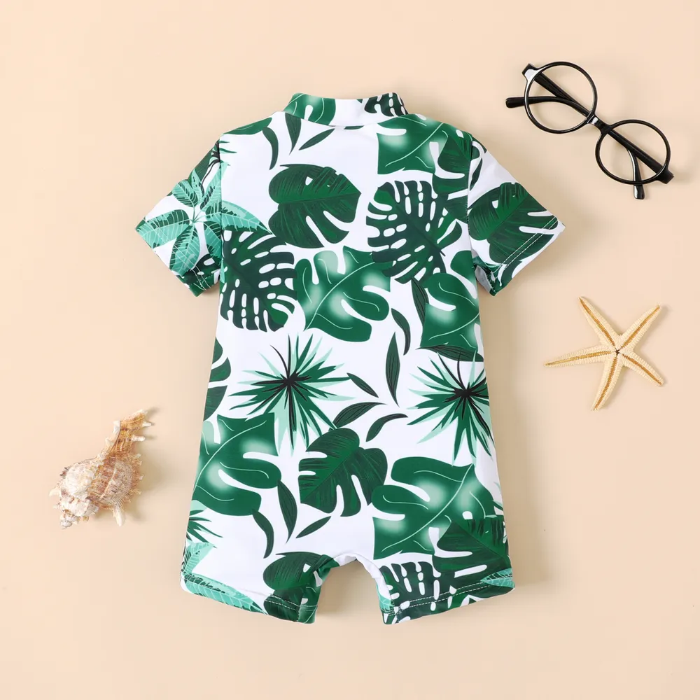 Baby Boy Allover Plant Print Short-sleeve Zip Up One Piece Swimsuit big image 2