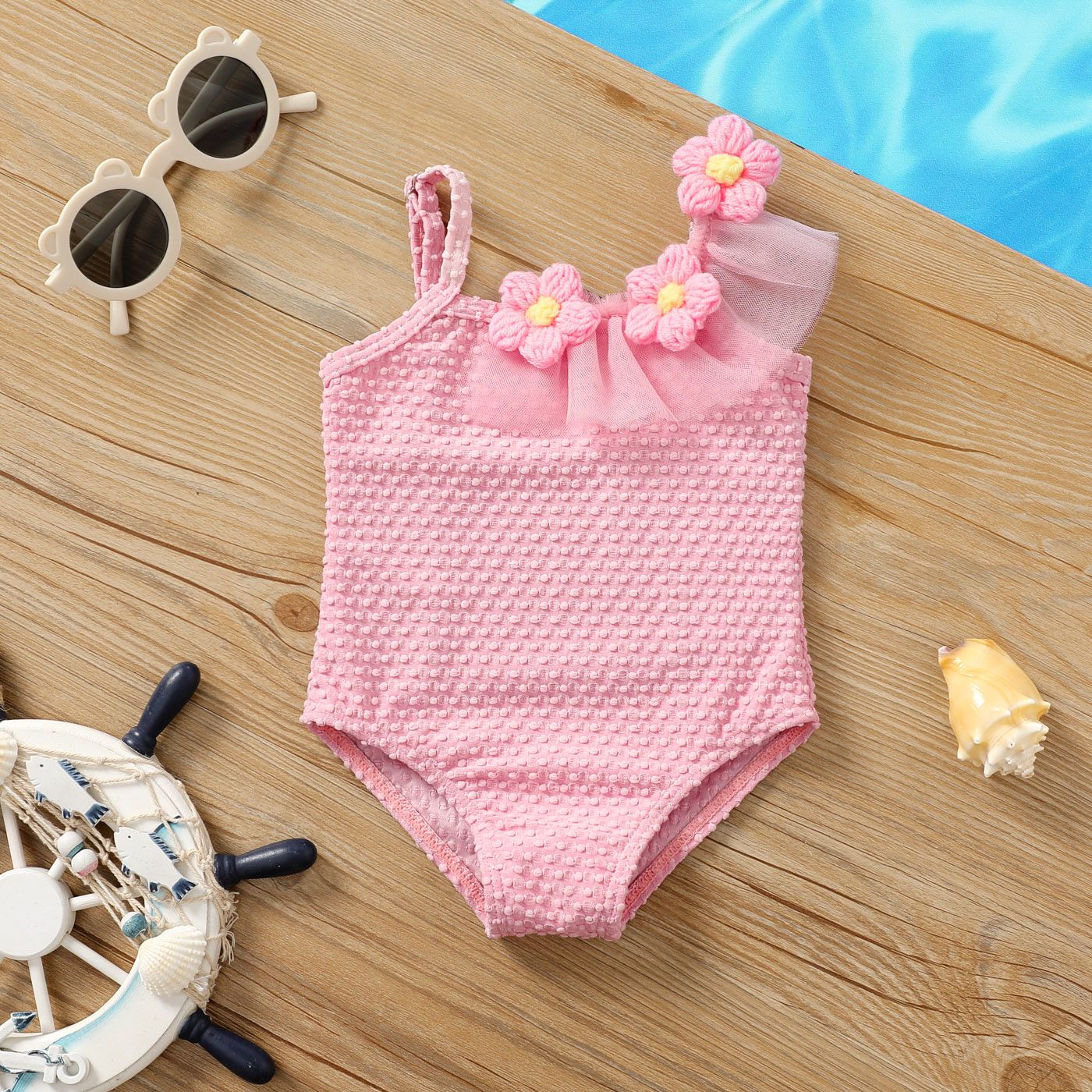 

Baby Girl Floral Pattern Texture Solid One-piece Swimsuit