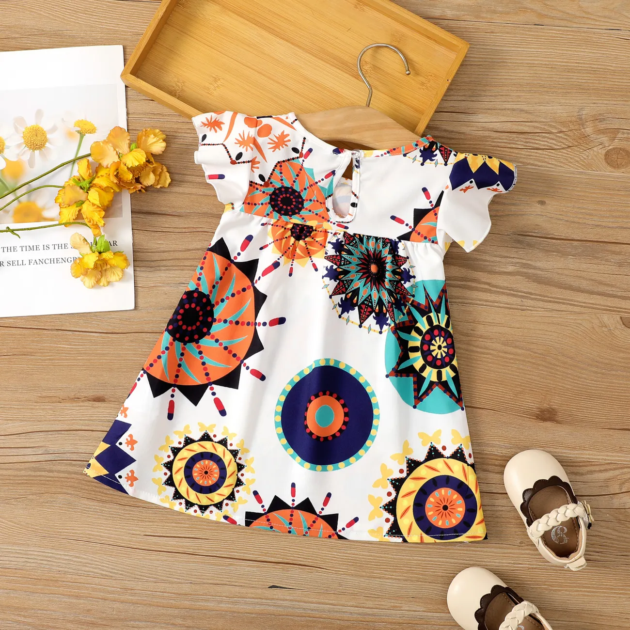 Baby Girl Allover Geometric Print Flutter-sleeve Dress White big image 1