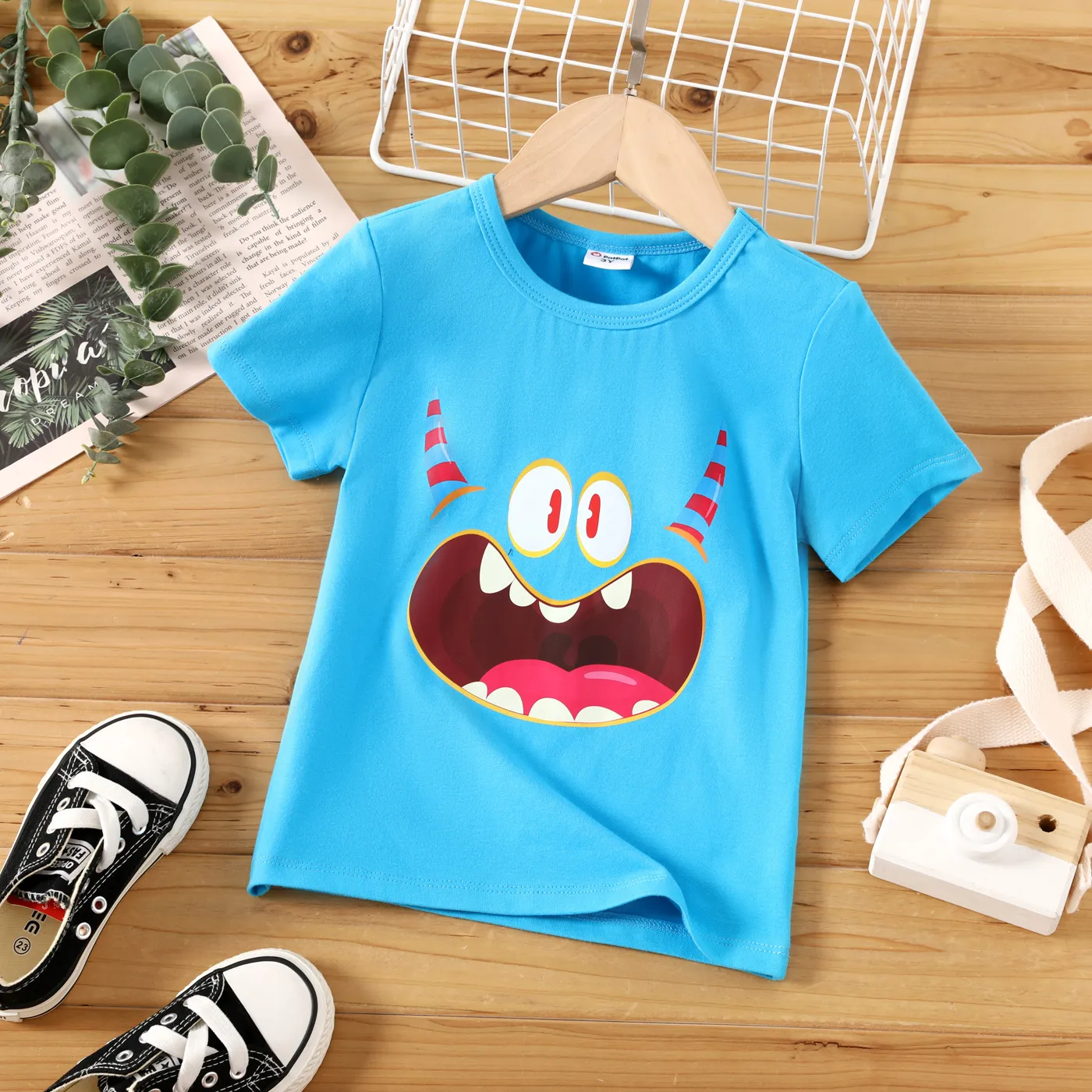 Toddler Boy Funny Face Print Short-sleeve Tee Sky blue