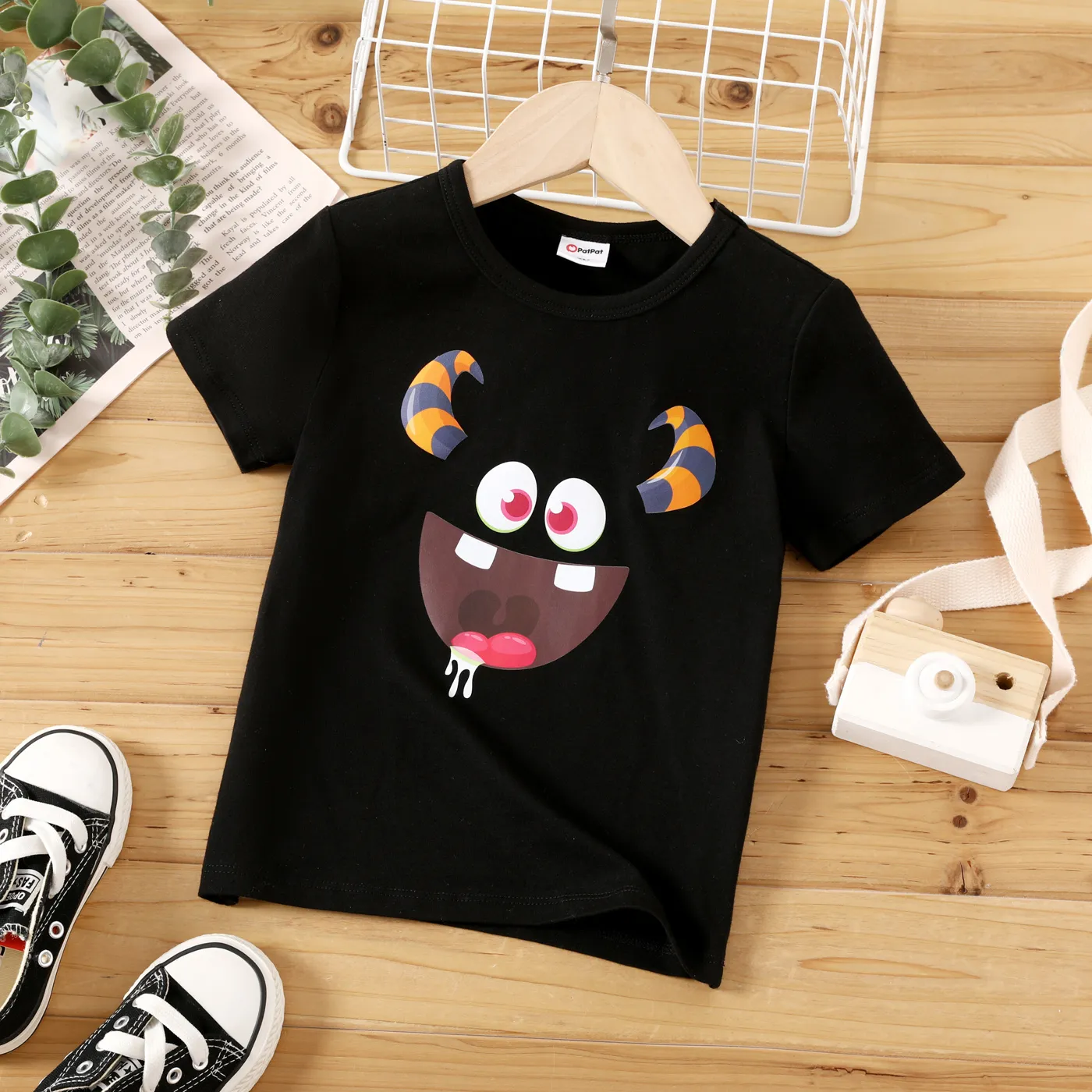 Toddler Boy Funny Face Print Short-sleeve Tee Black