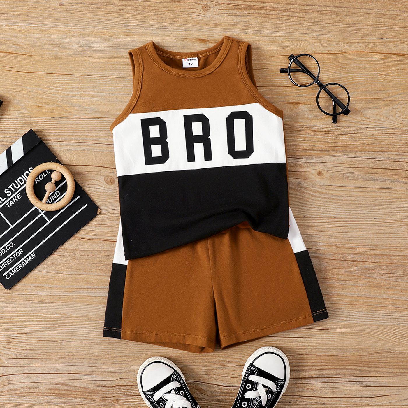 

2pcs Toddler Boy Letter Print Color Block Tank Top and Shorts Set